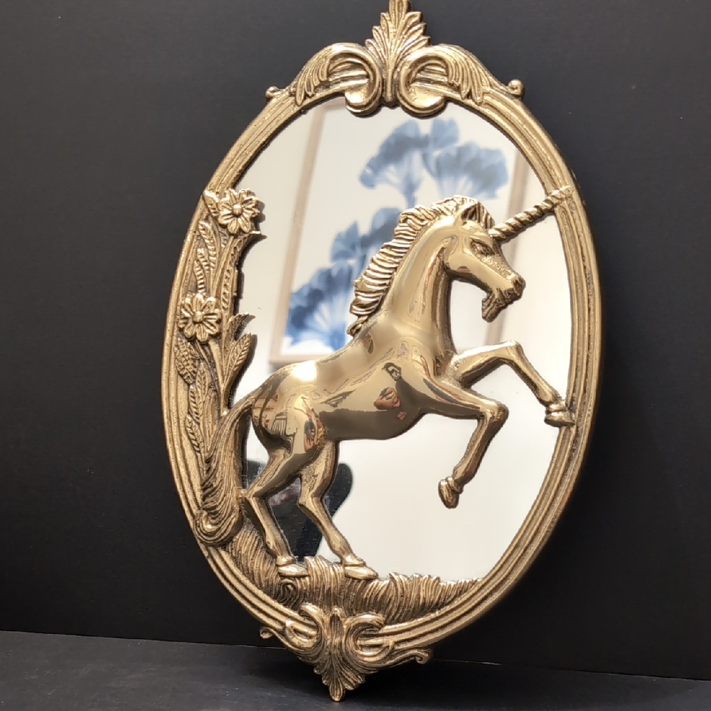 Vintage Luna Brass Oval Unicorn Wall Mount Mirror, Hollywood Regency Style.
